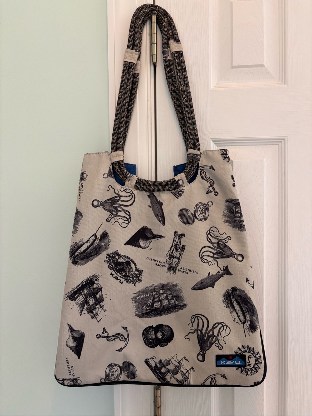 KAVU Market Bag Nautical Print Expandable Rope Handle Tote